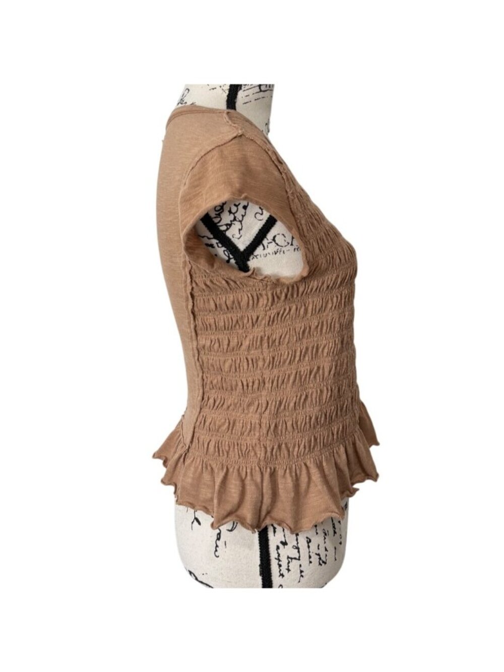 We The Free Womens Size L Sylvie Cap Sleeve Smocked Top Ruffled Hem Brown - Picture 2 of 8